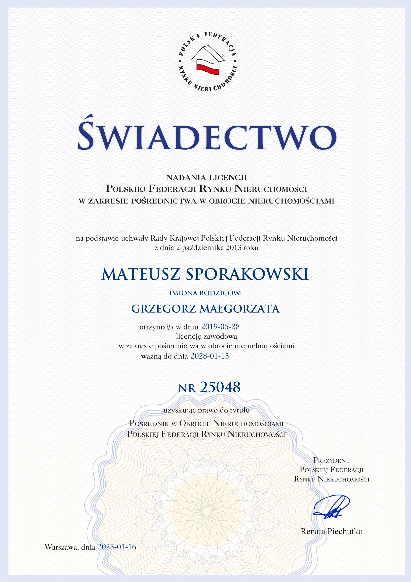 Licencja pośrednika nieruchomości — Mateusz Sporakowski, numer 25048